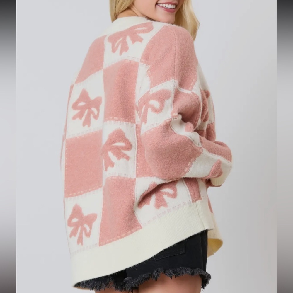 Jane Bow Check Sweater ✨ 3D Bow and Square Pattern Oversized Cardigan - Picture 6 of 8